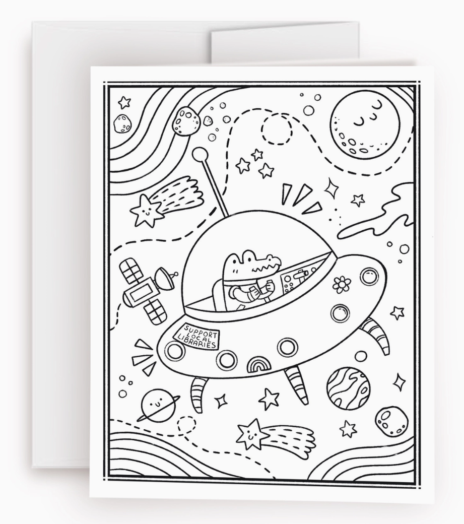 Color Me in Activity Greeting Card "Alligator in Space"