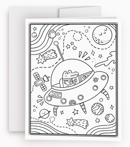 Color Me in Activity Greeting Card "Alligator in Space"