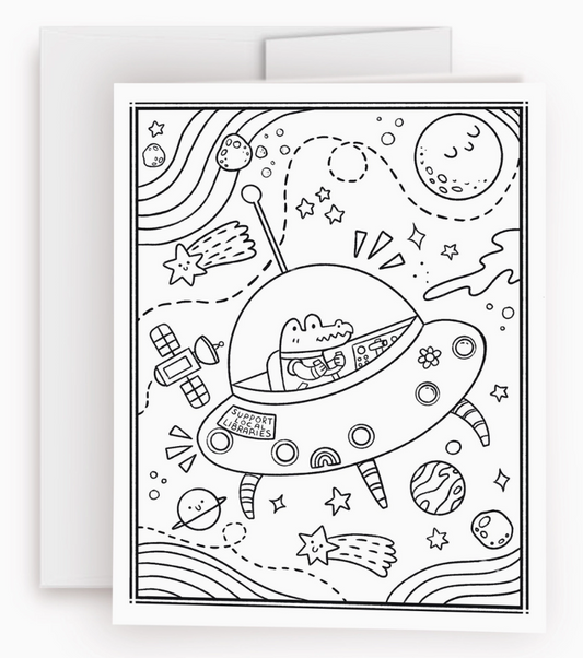 Color Me in Activity Greeting Card "Alligator in Space"