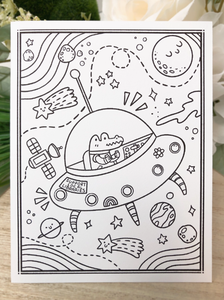 Color Me in Activity Greeting Card "Alligator in Space"