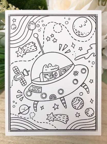 Color Me in Activity Greeting Card "Alligator in Space"