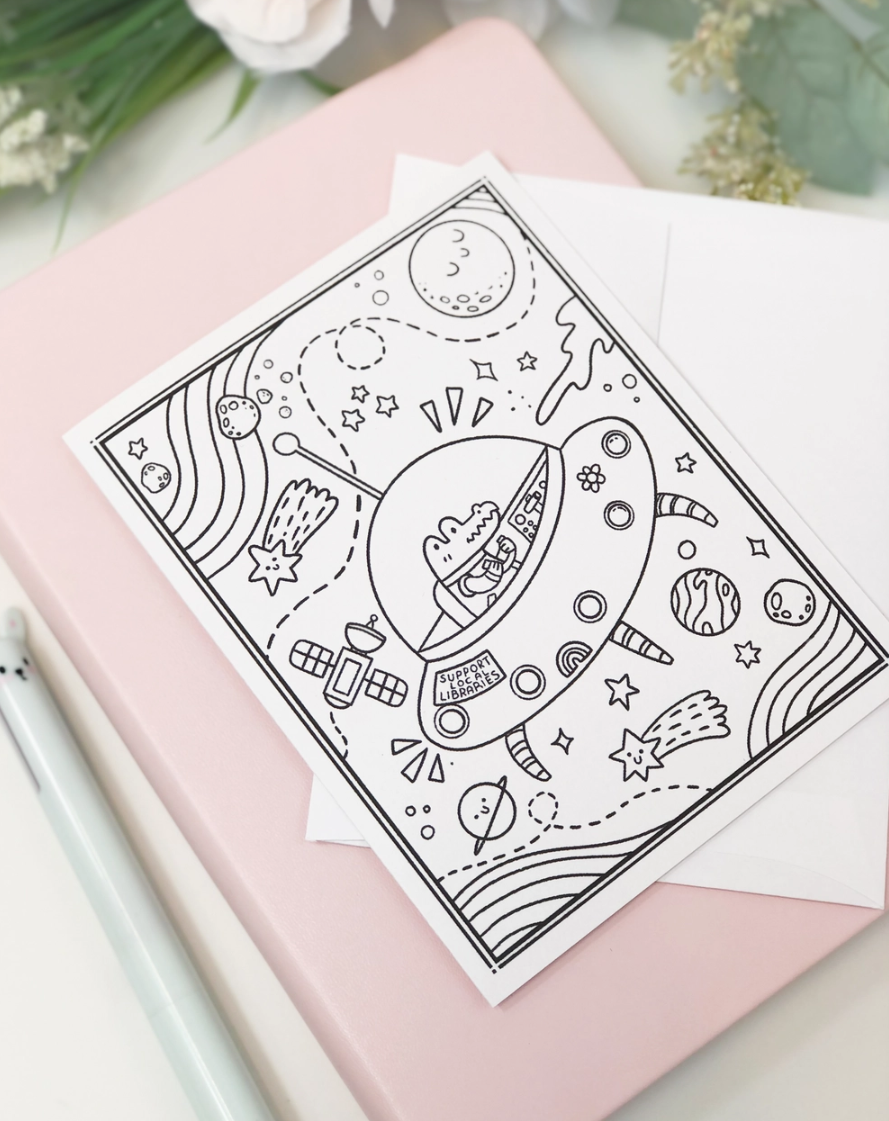 Color Me in Activity Greeting Card "Alligator in Space"