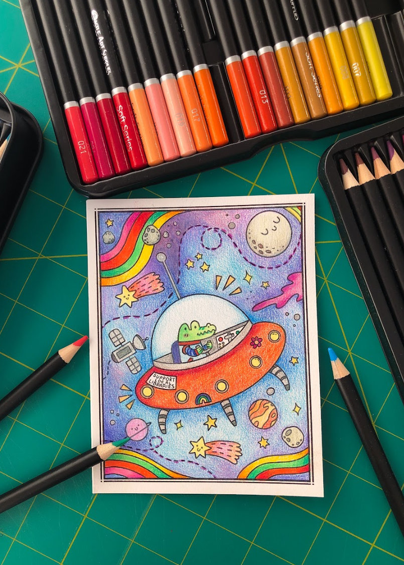 Color Me in Activity Greeting Card "Alligator in Space"