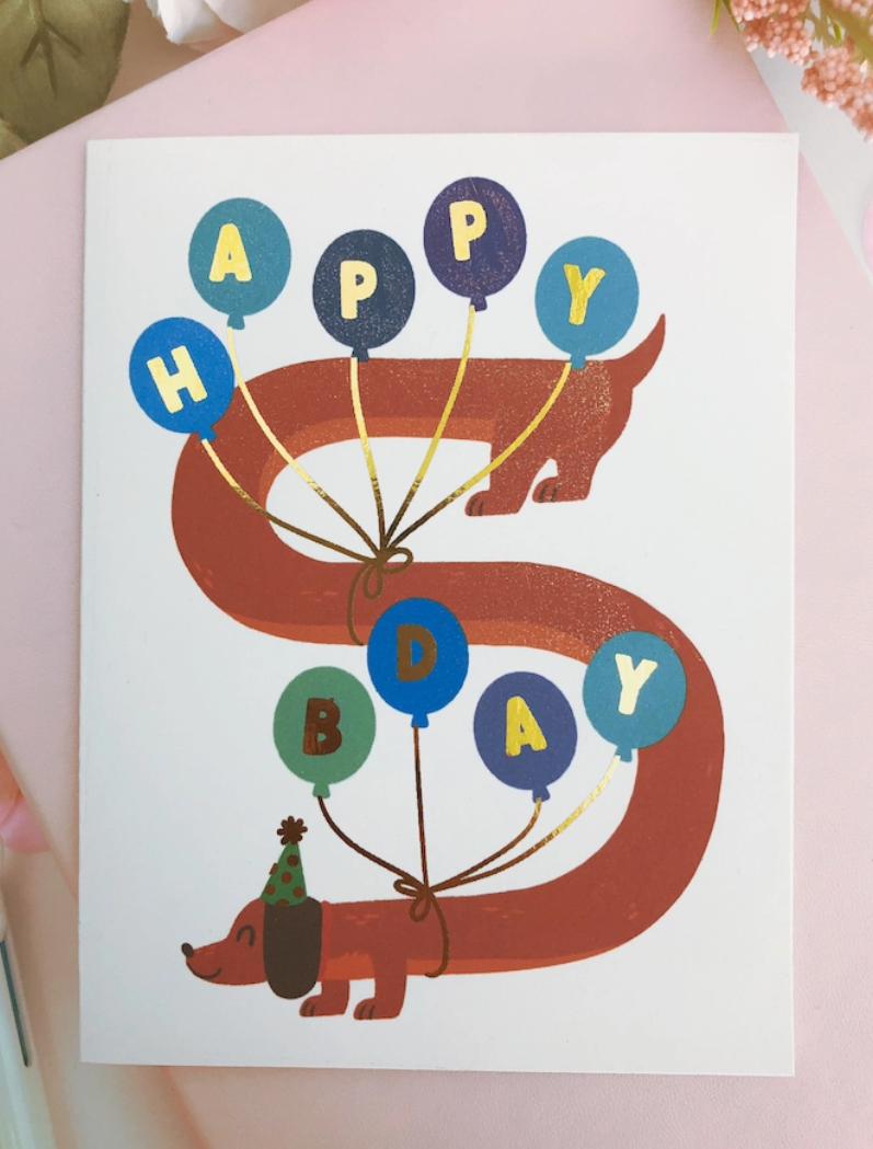 Happy Birthday Dog Greeting Card - Dachshund with Balloons