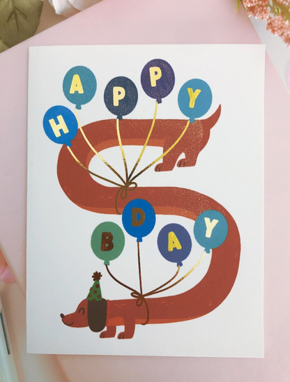Happy Birthday Dog Greeting Card - Dachshund with Balloons
